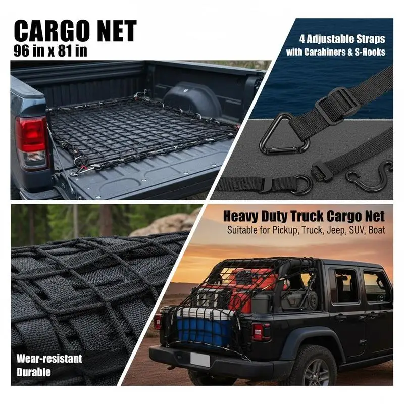 Truck Bed Webbing 96" x 81" For Pickup SUV Boat, Heavy Duty Load Restraint Adjustable Straps Carabiners S-Hooks Wear-resistant Weather-proof Cargo Organizer Mesh Net - view 8