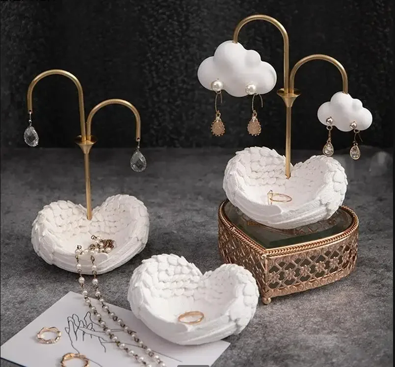 White Plaster Wings Tray Metal Jewelry Rack Earring Stand Display Decorative Frame Storage Ornaments