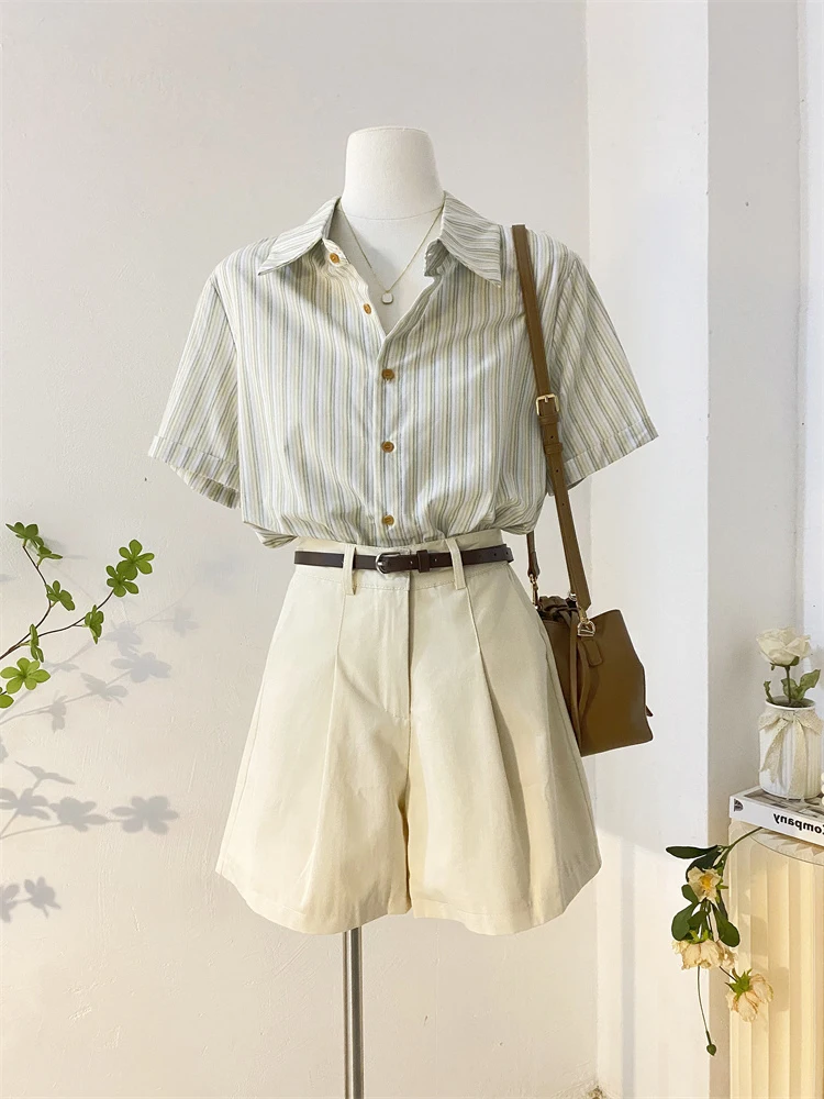 Pure Cotton Striped Short Sleeve Shirt Women's Loose Summer Fashionable Top Brand Buckle Euro Style Korean Version Commute Style