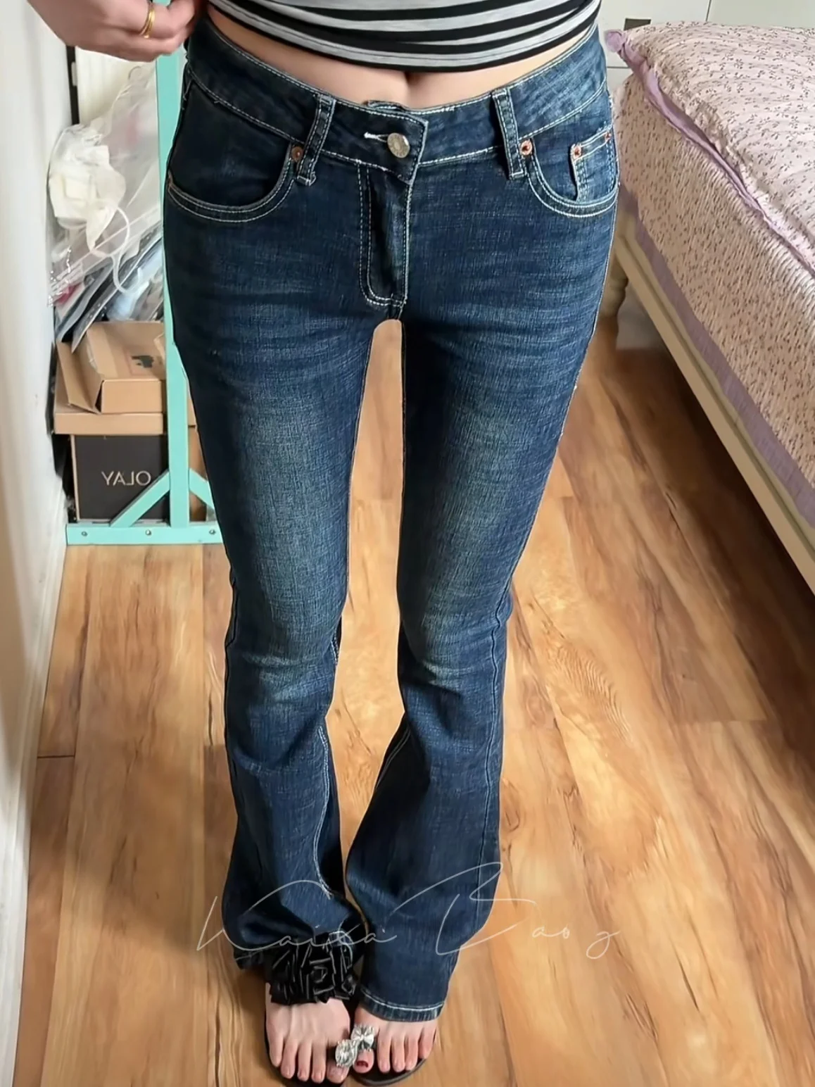 

Low Waist Pocket Design High Booty Denim Jeans Elastic Slimming Washed Micro Flared Floor-Length Pants Korean Style Hot Girl