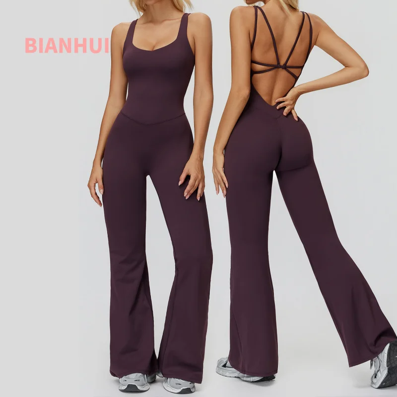 

BIANHUI Yoga Wear Cross-back Flared Wide-leg Sporty Jumpsuit Woman Running Sports Fitness Wear Sportswear Female Clothing
