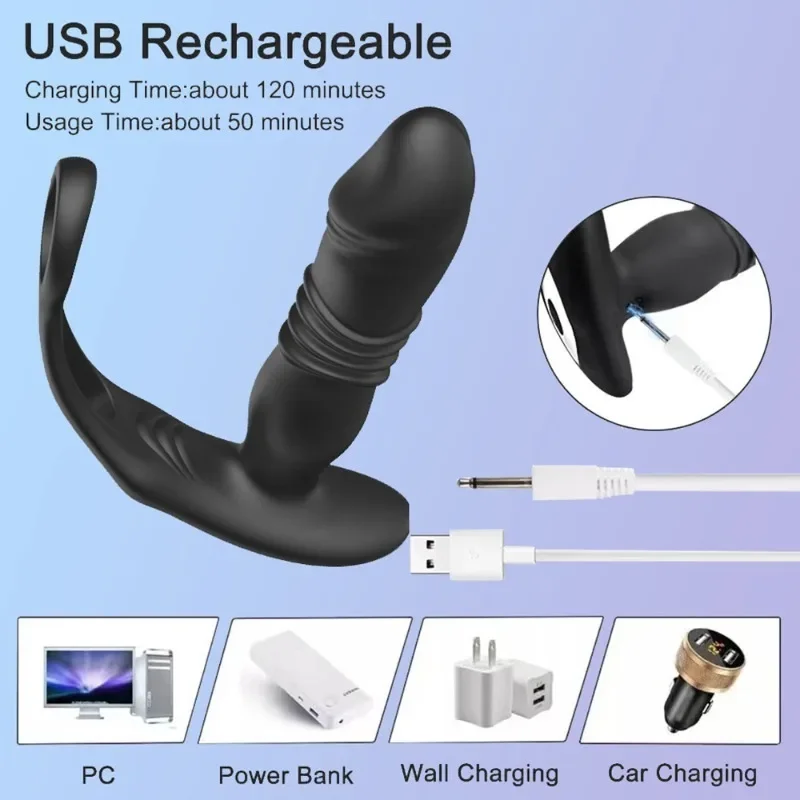 ชาย Thrust Prostate Massager รีโมทคอนโทรลไร้สาย Dildo Anal Butt Plug Telescopic Delay Lock แหวนผู้ใหญ่ผลิตภัณฑ์