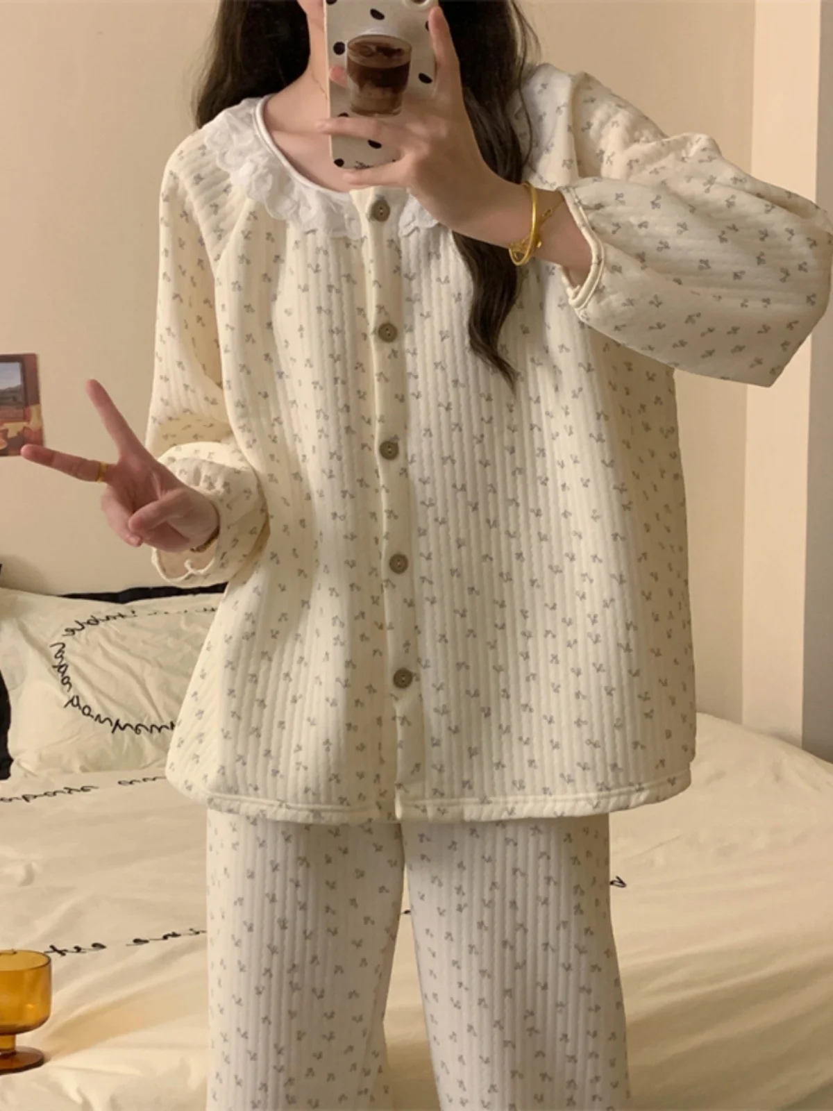 Sweet Lace Floral Print Air Layer Cotton Sleepwear Set for Girls Autumn Winter Home Wear Outerwear Long Sleeve V-Neck Thermal