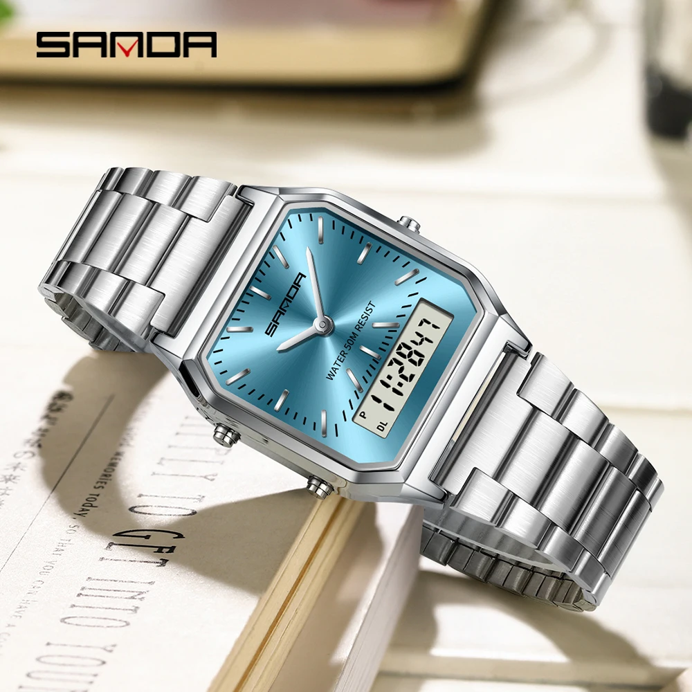 SANDA Luxury Mens G style Watches Stainless Steel Women LED Digital Dual Display Clock Unisex Waterproof Sports Quartz Watch 747
