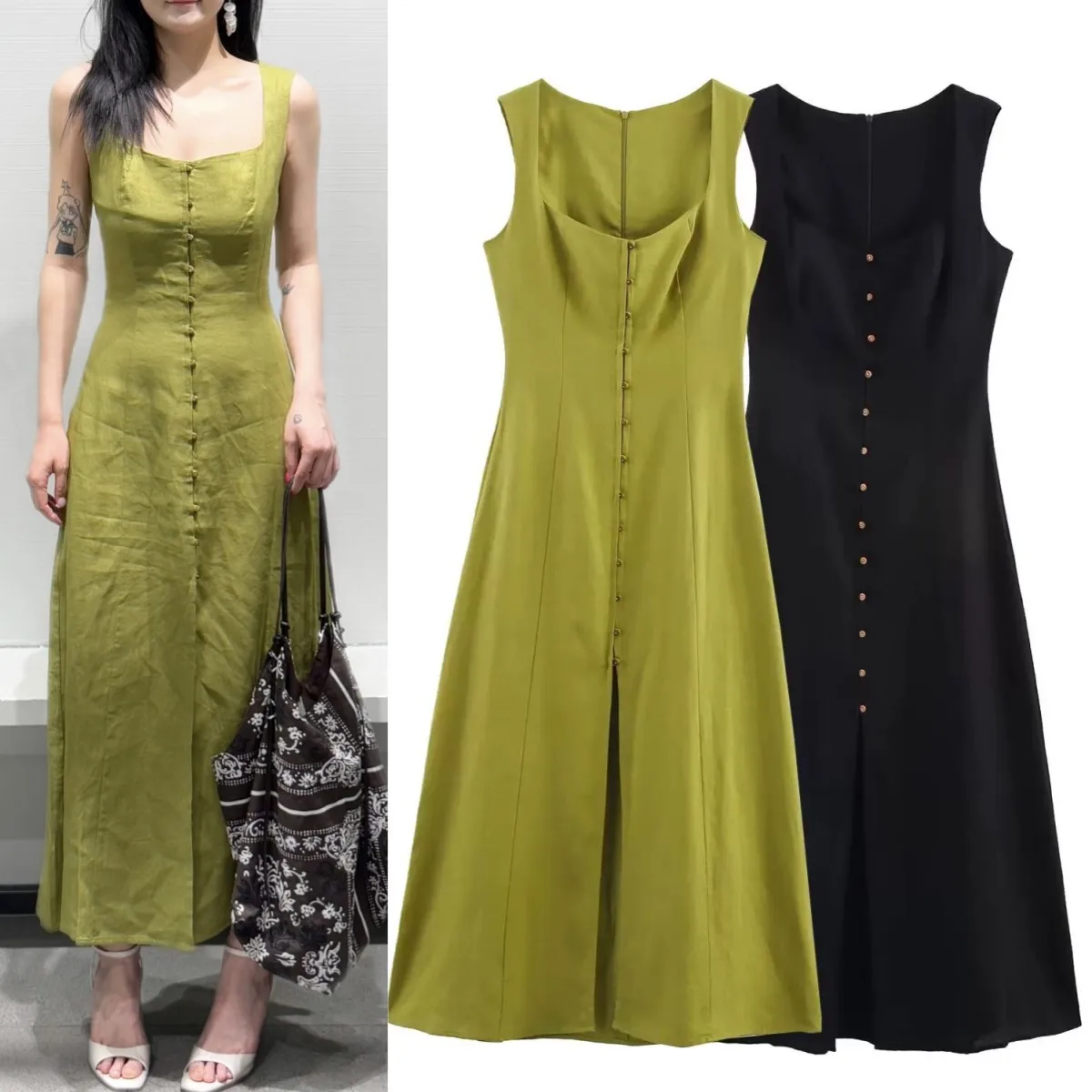ETJ 2025 summer new  women's fashion sleeveless square collar multi-button decorative temperament simple MIDI dress