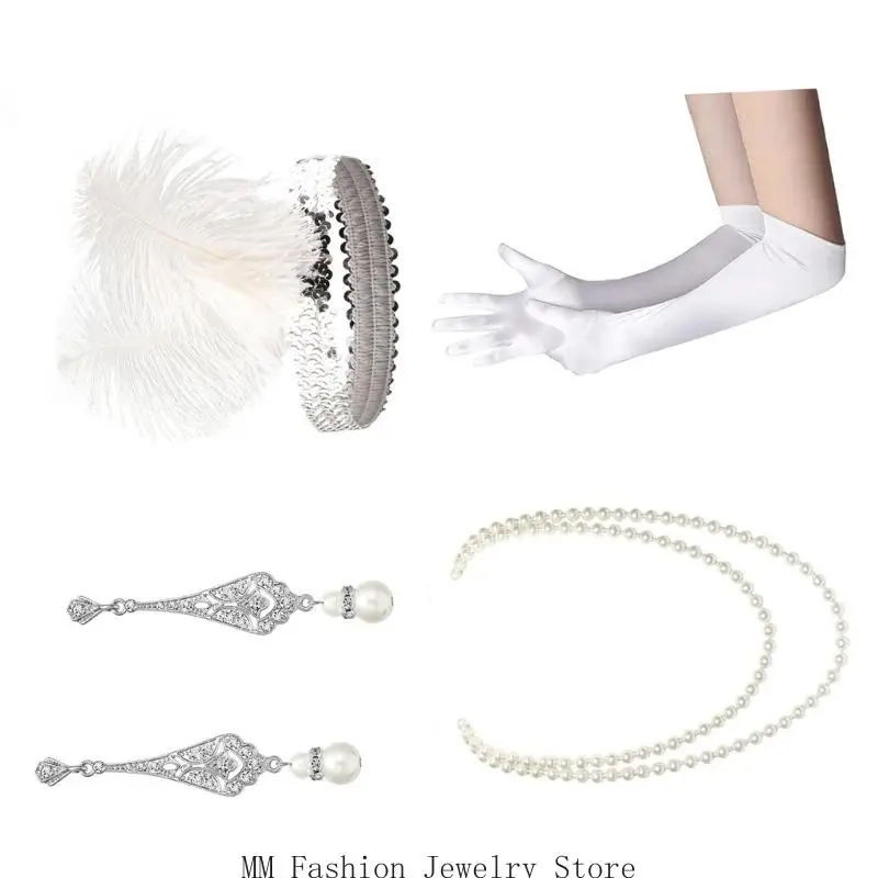 

D0UB 1920s Gatsby Accessories Set for Women Roaring 20s Accessories Flapper Costume with 20s Headband Necklace Gloves Earring