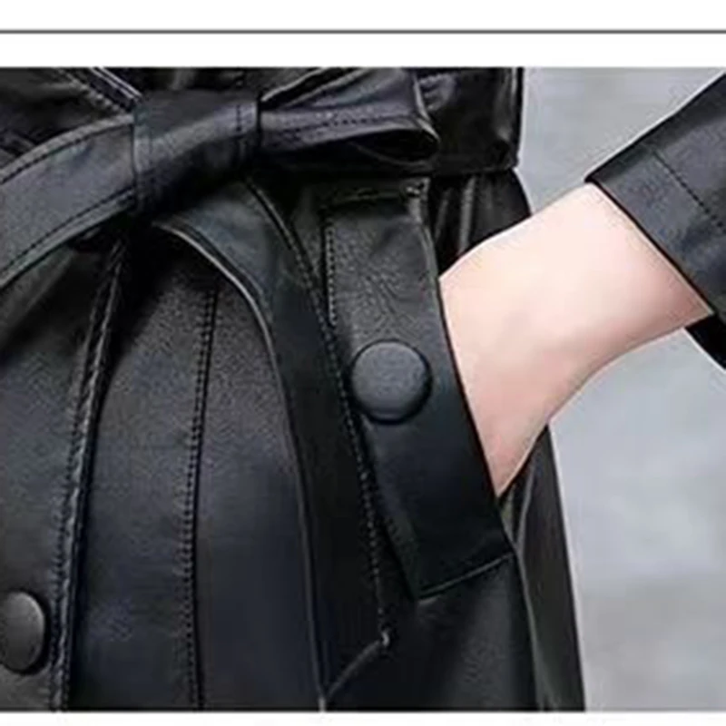 ผู้หญิงเสื้อหนังยาว 2025 ฤดูใบไม้ผลิใหม่เกาหลีSlim Luxury Windbreaker Jacket Double-Breastedเข็มขัดBomber Streetwear Outwear