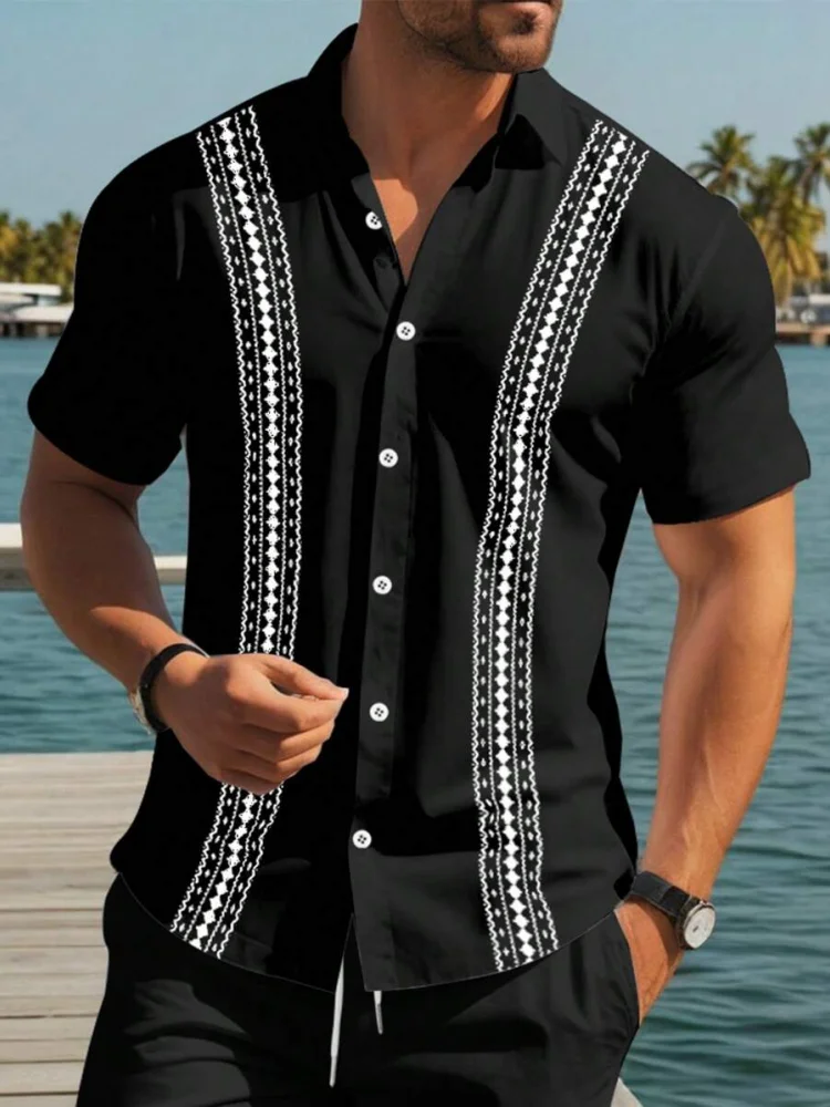 

2025 New 3D Striped Retro Printed Men's Shirts Summer Casual Men's Short-sleeved Shirts Outdoor Vacation Beach Shirts