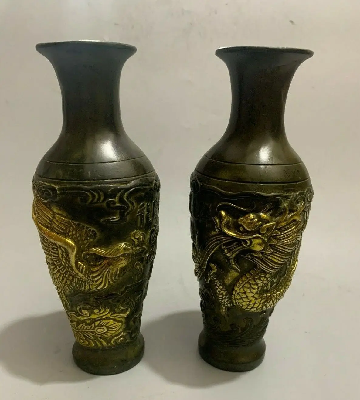 

20cm Collect pair Old Decor Bronze copper Carve dragon phoenix Noble Gilded Vase