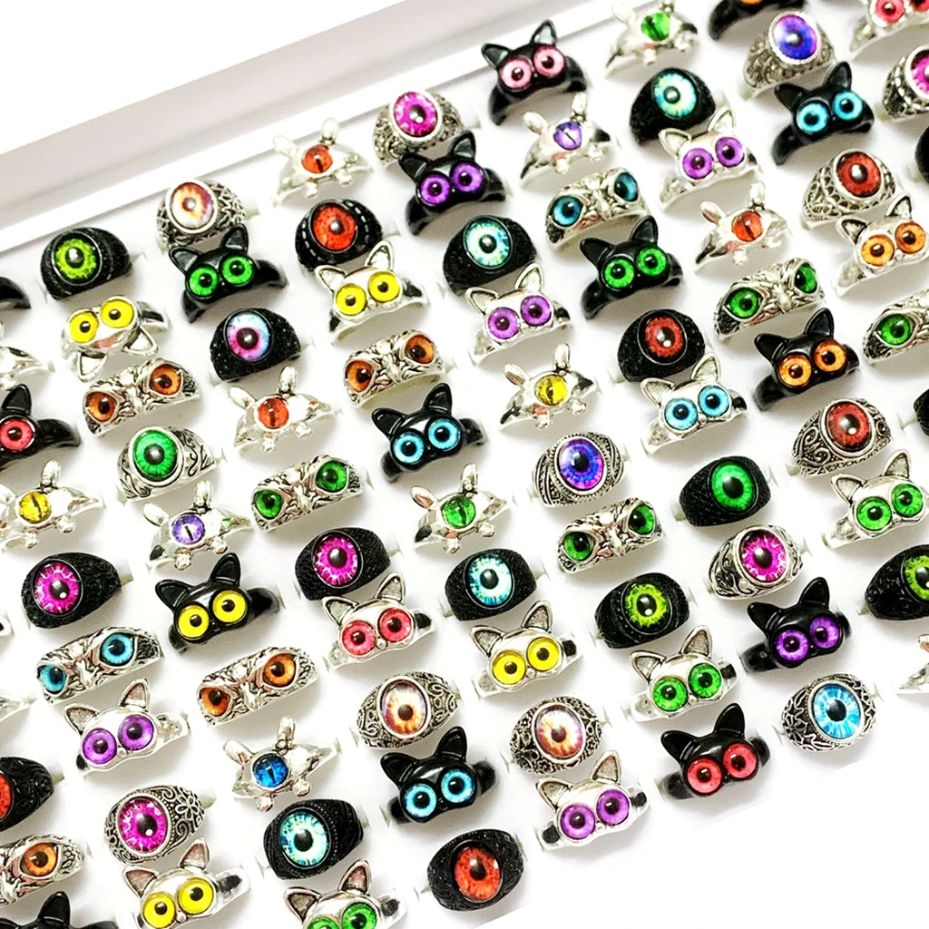 القوطية الحيوان Vintage خواتم للنساء ، معدن مطلي ، حجر ملون ، القط ، البومة ، عين الشر ، مجوهرات الطرف ، مزيج نمط ، لطيف ، 12 قطعة ، مجموعة #2