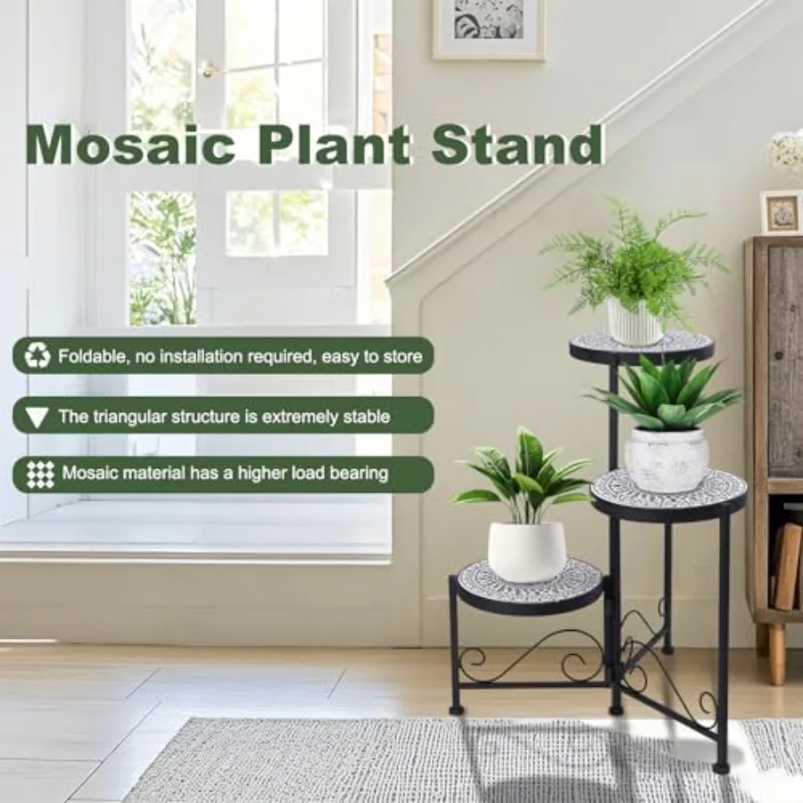 3 Tier Mosaic Plant Stand Foldable Corner Shelf for Indoor Outdoor Tall Plant Holder Display Rack for Patio Balcony Living Room image 4