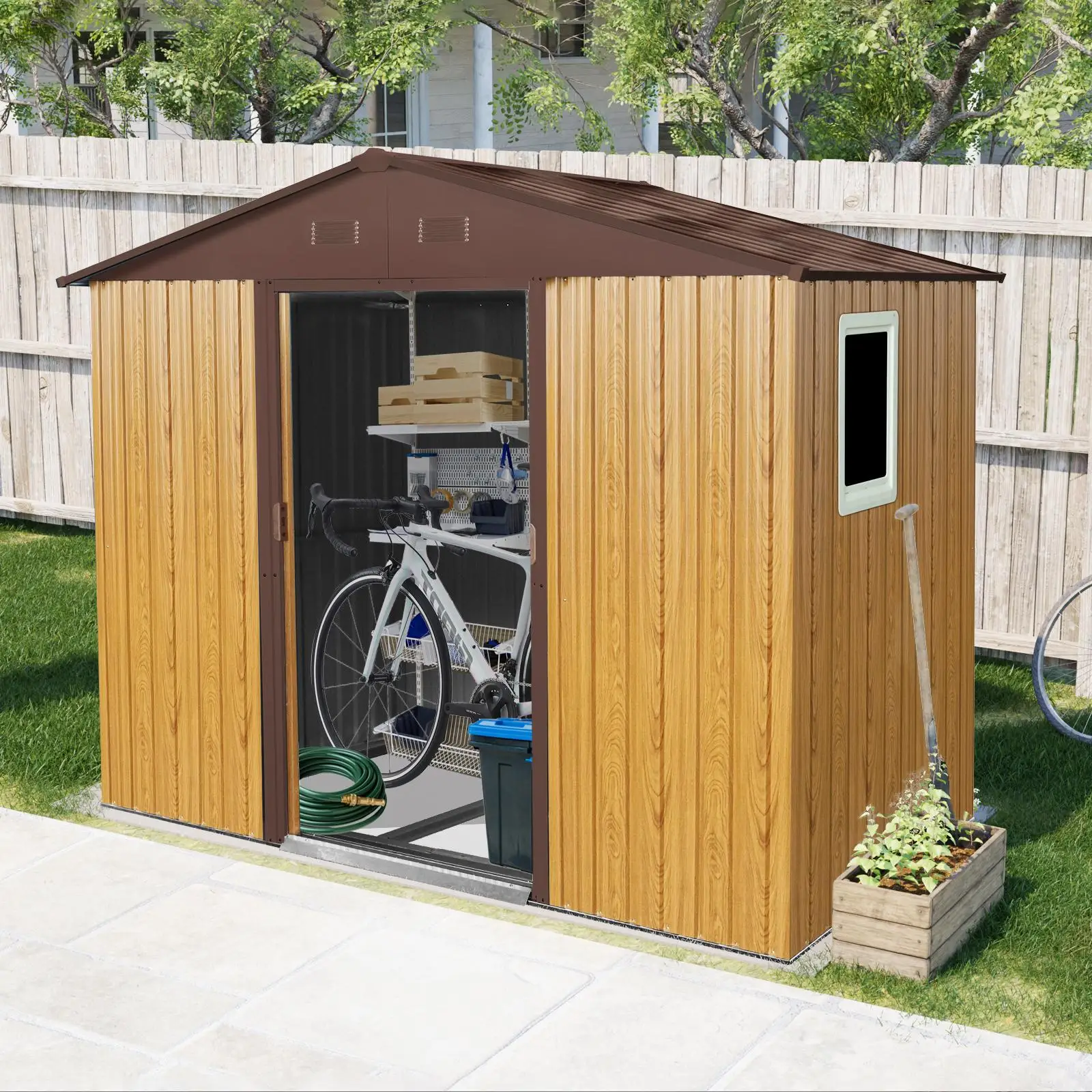 8x4 ft Outdoor Metal Storage Shed with Window and Foundation for Backyard Patio Lawn Organization
