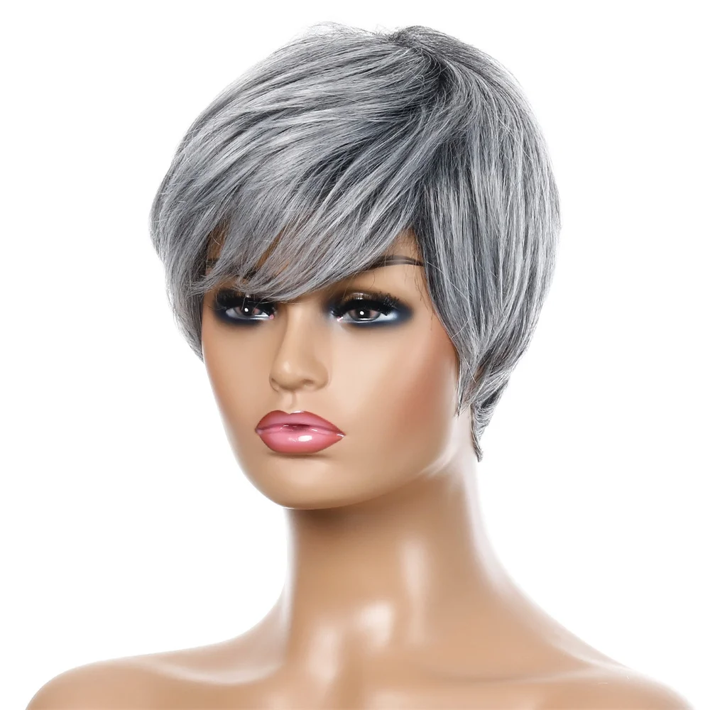 European and American Wigs Women\'s Short Straight Synthetic With Bangs Hair Silver Gray Chemical Fiber Daily Use Fashion Headgea