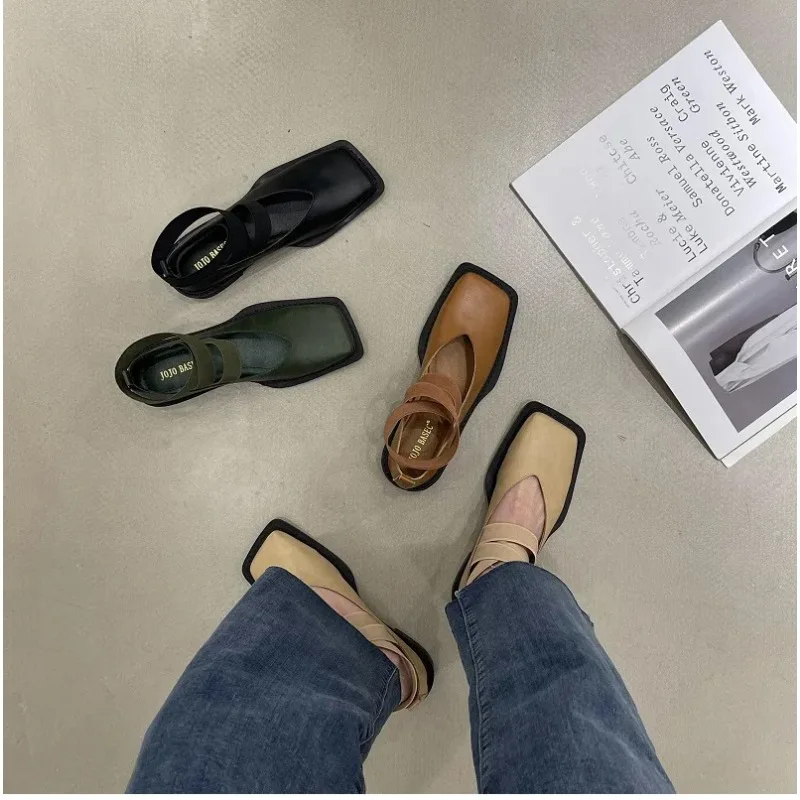 New Design Mary Jane Shoes Women Elegant Square Toe Flats Summer Outdoor  Elastic Band Sandal Fashion Ladies Shoes