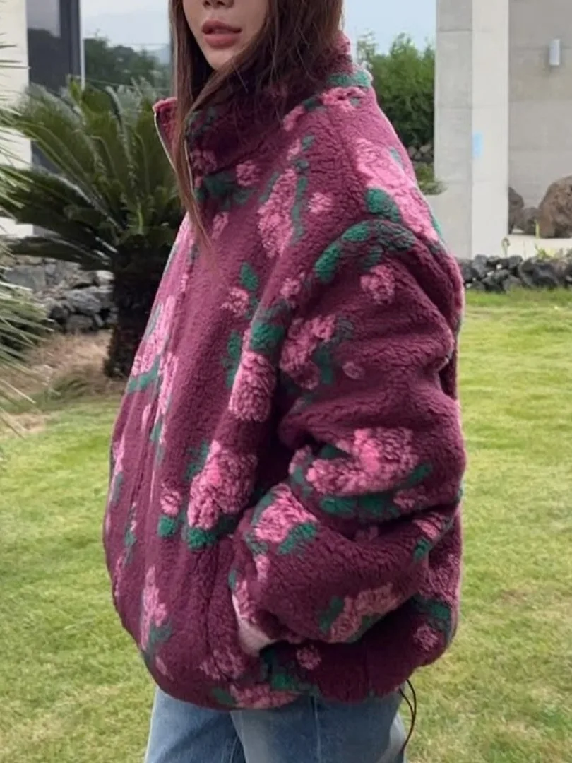 Winter Nieuwe Sle Dames Gedrukt Lamsbont Jaet Losse Warmte Rits Top Koreaanse Faion Polyestervezel ort Jas