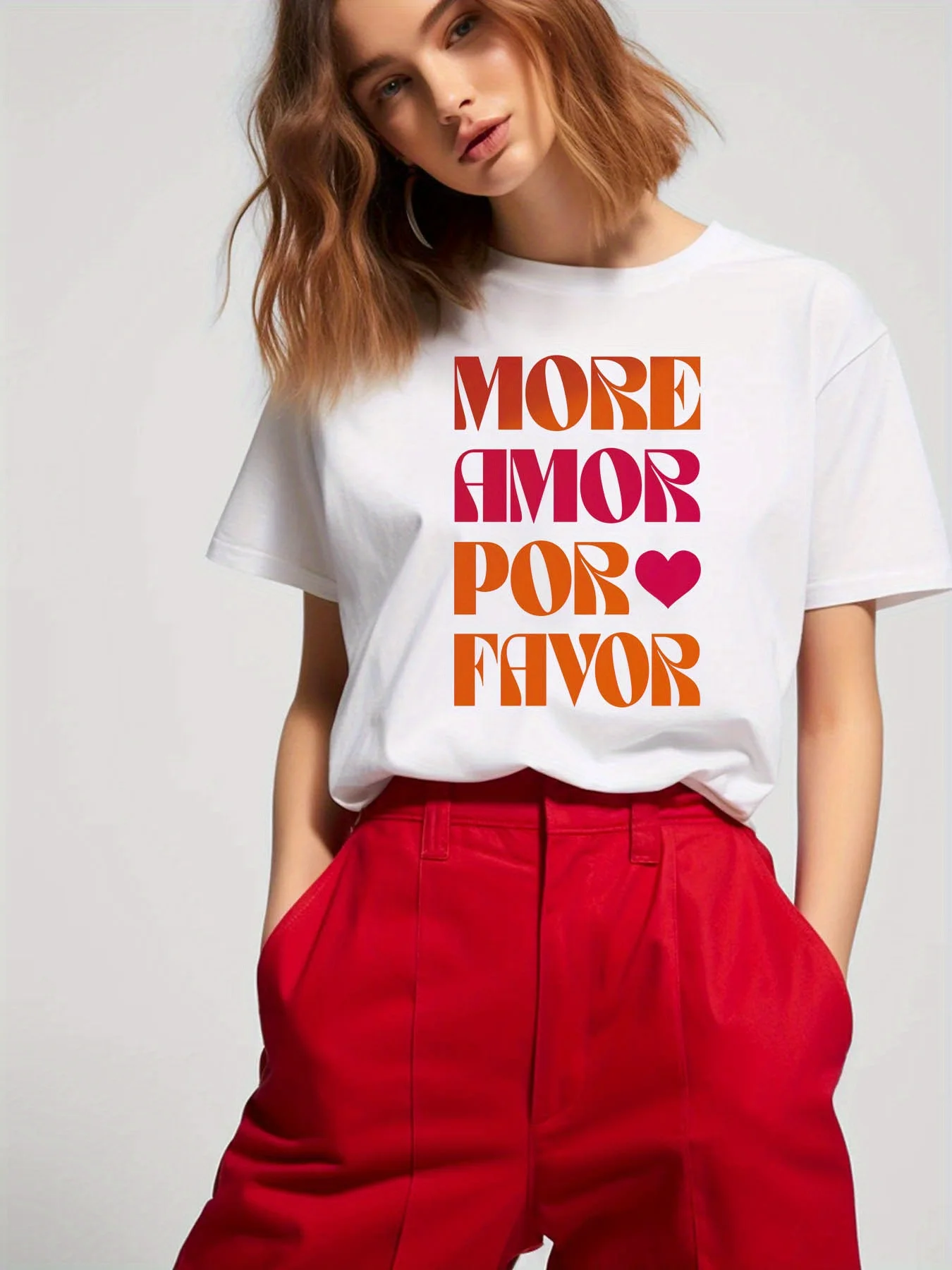 

MORE LOVE PLEASE Printed Women'S Round Neck Short Sleeve T-Shirt for Spring And Summer