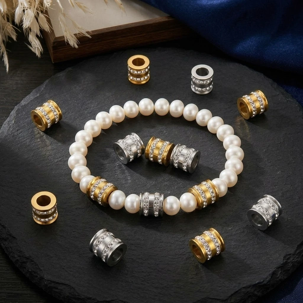2 Stück Edelstahl-Zirkon-Taillenperlen mit großem Loch, lose Spacer-Perlen für DIY-Armbänder, Halsketten und Schmuckherstellungszubehör – Detail 5