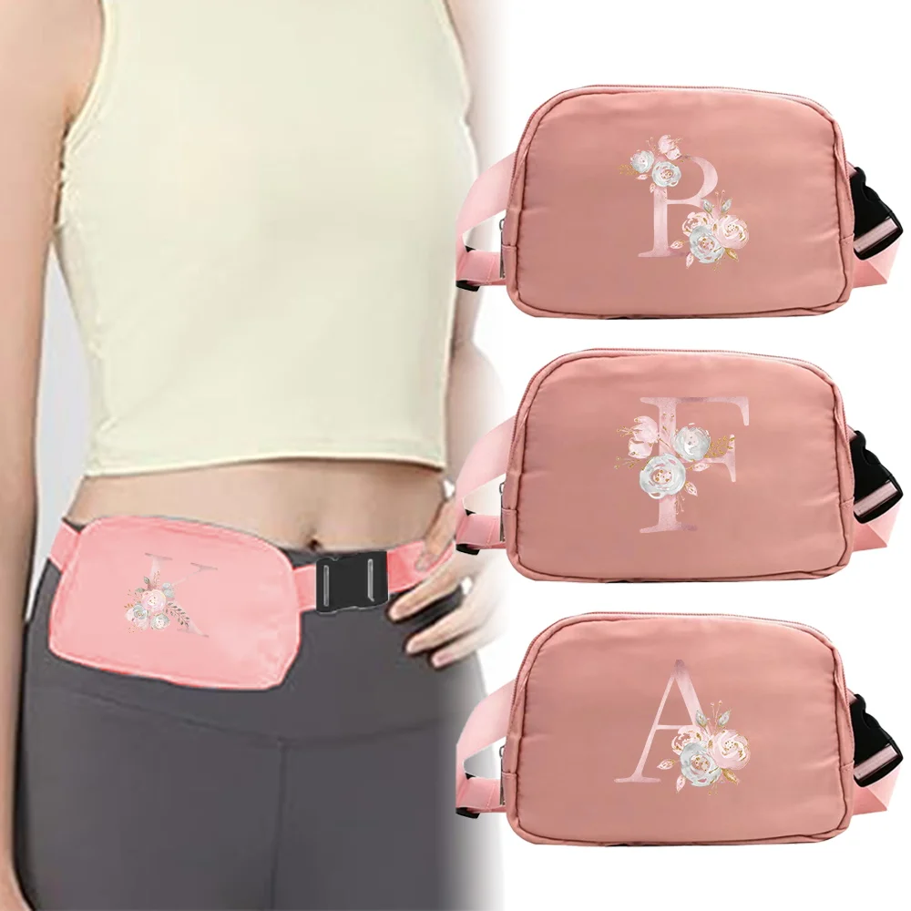 

Поясная сумка с розовым цветочным принтом и надписью, регулируемая, для телефона, большая вместимость, для активного отдыха, бега, езды на велосипеде, на молнии, поясная сумка-бананка для хранения