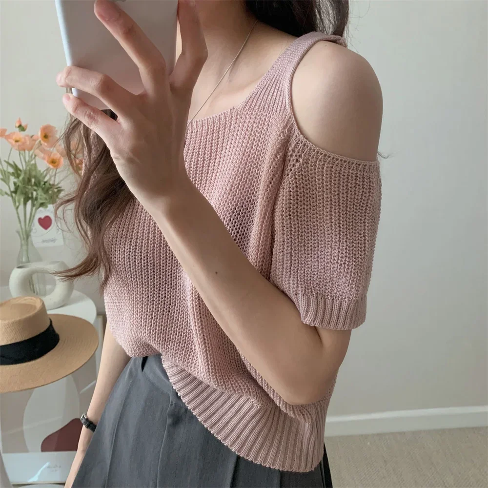 

2025 Summer New Sweet Hollow Off-shoulder Slim T-shirt Solid Color Loose Knitted Sweater Tops Korean Style Fashion Pullover Top