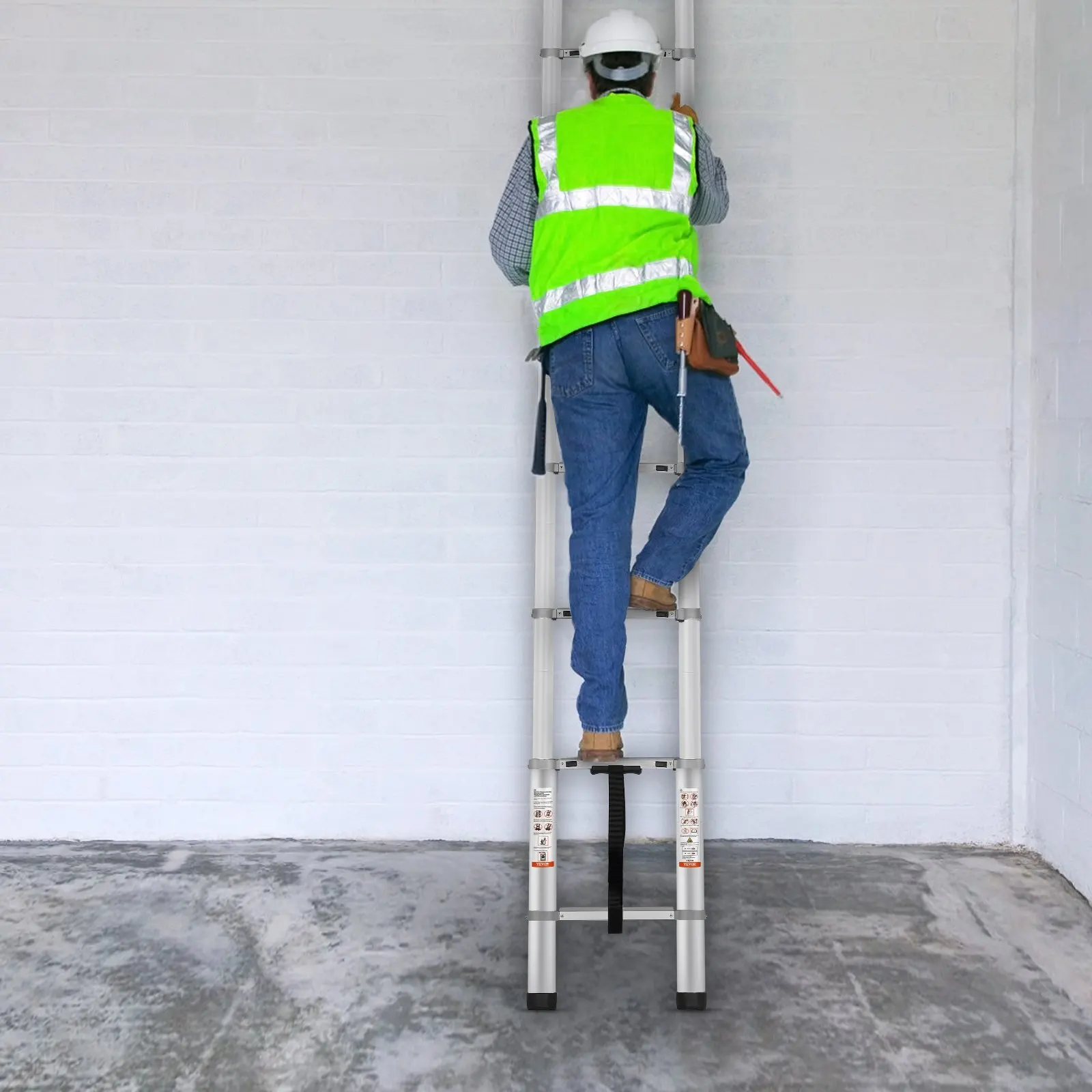 Alumínio dobrável extensão escada, telescópica, pés antiderrapantes, 1 botão de retração, 400 lbs capacidade, 15 ft