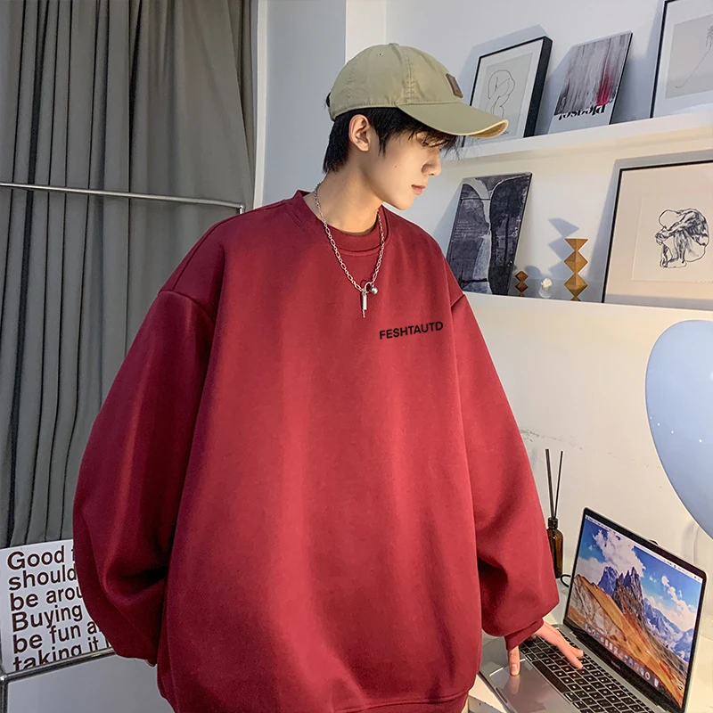 

Red Hoodie Men's round Ne Pullover Loose Base irt Spring Autumn New Sle Casual Loose Inner Wear Heavy Trendy Top