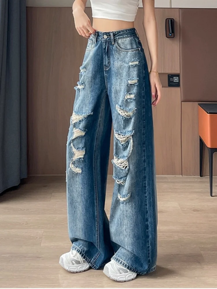 

American Retro Ripped Wide Leg Jeans For Women's New Summer Design High Waisted Straight Leg Floor Pants