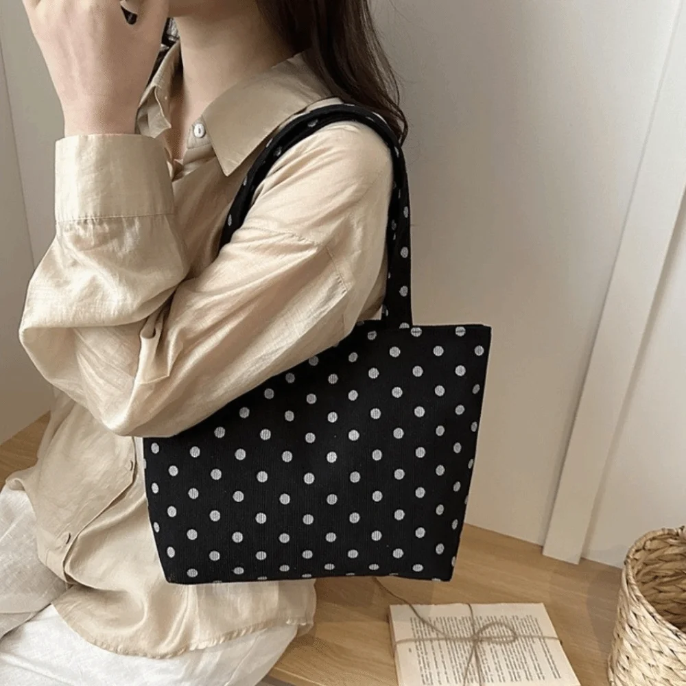 Spacious Open Design Polka Dot Printed Handbag Dual Handles Exquisite Vintage Shoulder Bag Elegant Practical Shopping Tote Women