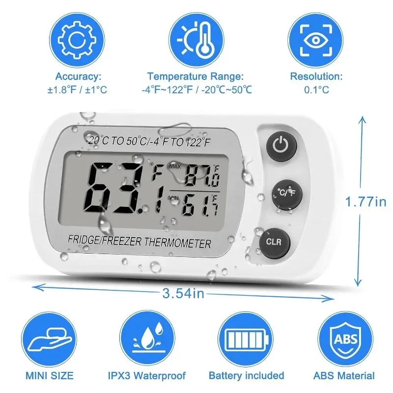 Room Thermometer Large LCD Digital Refrigerator Thermometer Waterproof Freezer Magnetic Back& Hook for Kitchen Home Restaurant