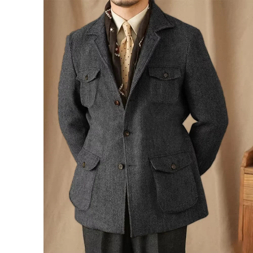 

Hunting Multi-pocket Suit jacket British Men's Retro Sport Coat With Belt Herringbone Business Causal Lapel Suit Blazers Tuxedos