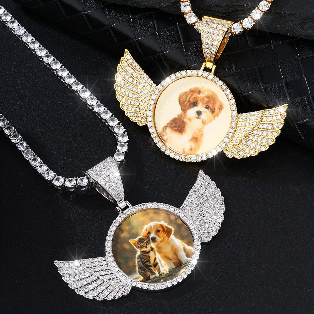 D&Z Hip Pop Wing Custom Photo Pendant Necklace Fashion Holds Pictures Memory DIY Picture Necklace Jewelry for Women Men Gift