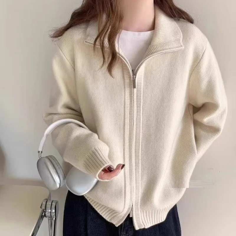 New Spring and Autumn High-end Fashion with Zipper Cardigan, Lazy Style, White High Neck Sweater Jacket, Women's Top