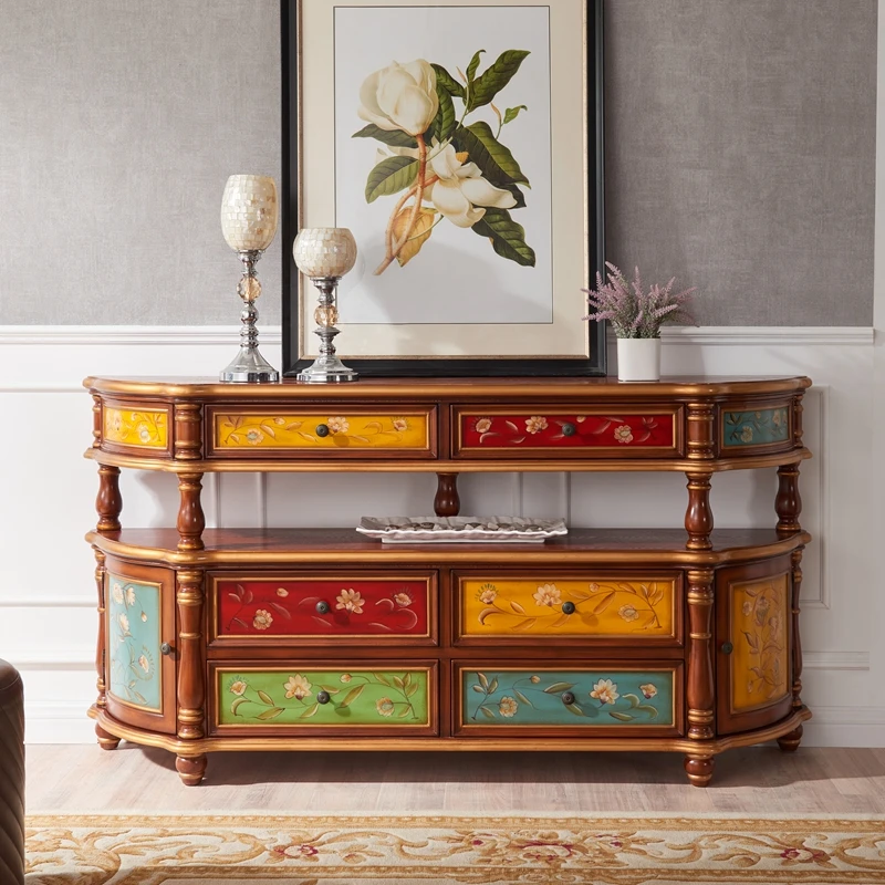 

European-style entrance cabinet, American-style aisle cabinet, side cabinet, solid wood retro painted end view table, sofa back