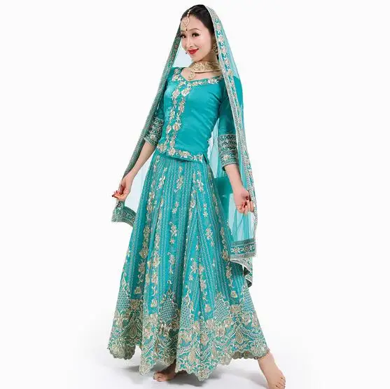 Women's Indian Dance Costumes Embroidered Lengha Stage Green Suit