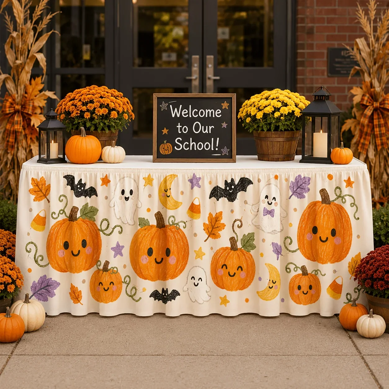 Cute Halloween table skirt with star cartoon print, cream-colored background, for children's Halloween party decorationxzj
