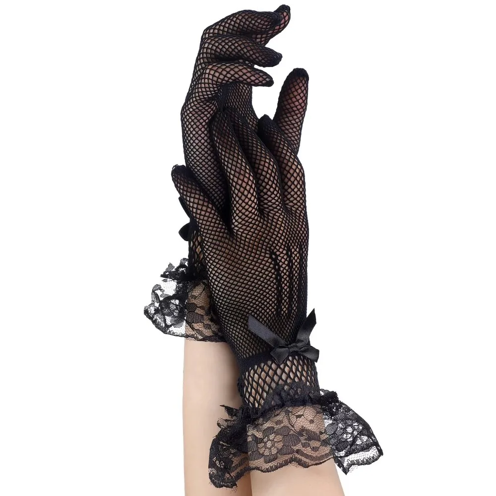 Short Children's Wedding Gloves Thin Elegant Etiquette Dress Gloves Bow Knot Women Lace Mesh Gloves