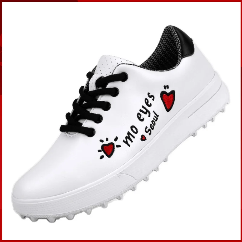 Small Size 30-36 Women Children's Golf Shoes No Spike Waterproof Sport Boots Lace Up Cute Love Pattern Walking Shoes