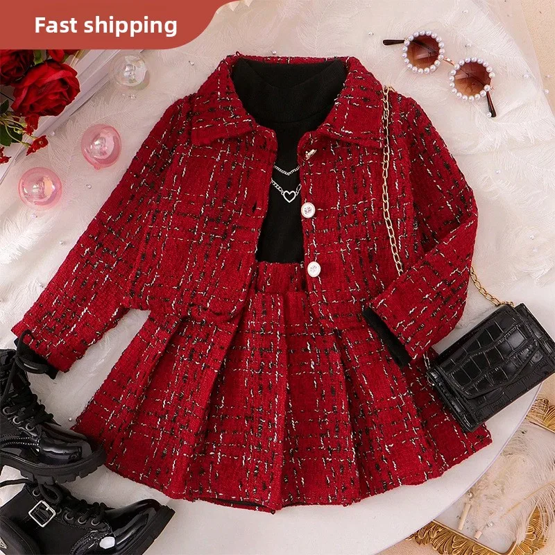 

Fashion Children's Suit Girls High Neck Long Sleeve Underwear Jacket Pleated Skirt Girl Three-piece Children's Suit Skirt