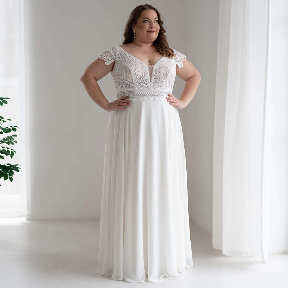 Modern A-Line Chiffon Wedding Dress Plus Size Women Floor Length Lace Deep V-Neck Cap Sleeves Civil Bridal Gowns Customized