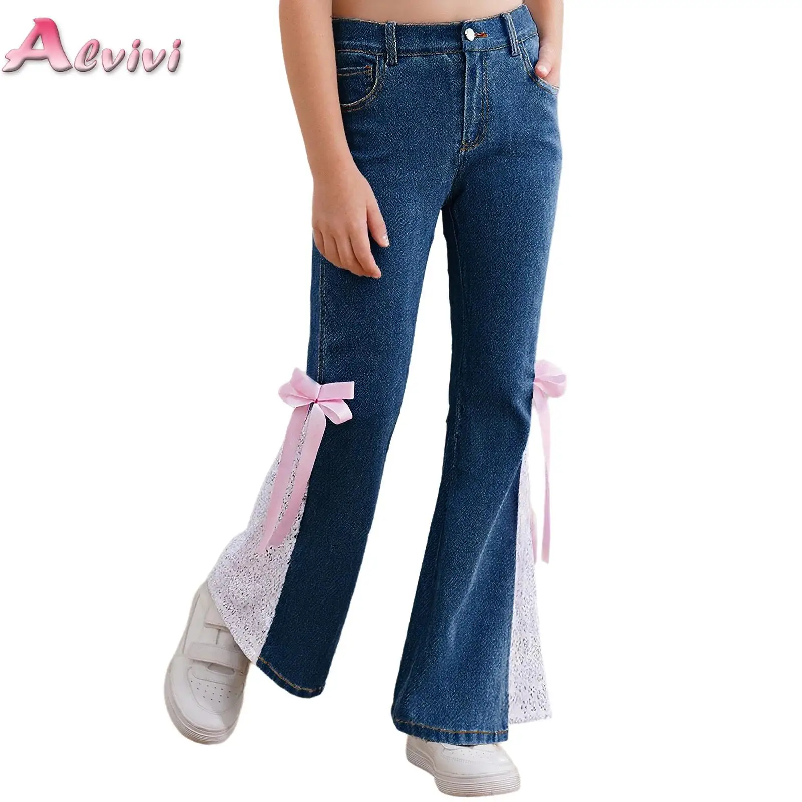 

Kids Girls Bow Flared Jeans Teenage Spring Autumn Loose long Pants New Children's Bell-Bottom Trousers Children Casual Clothing
