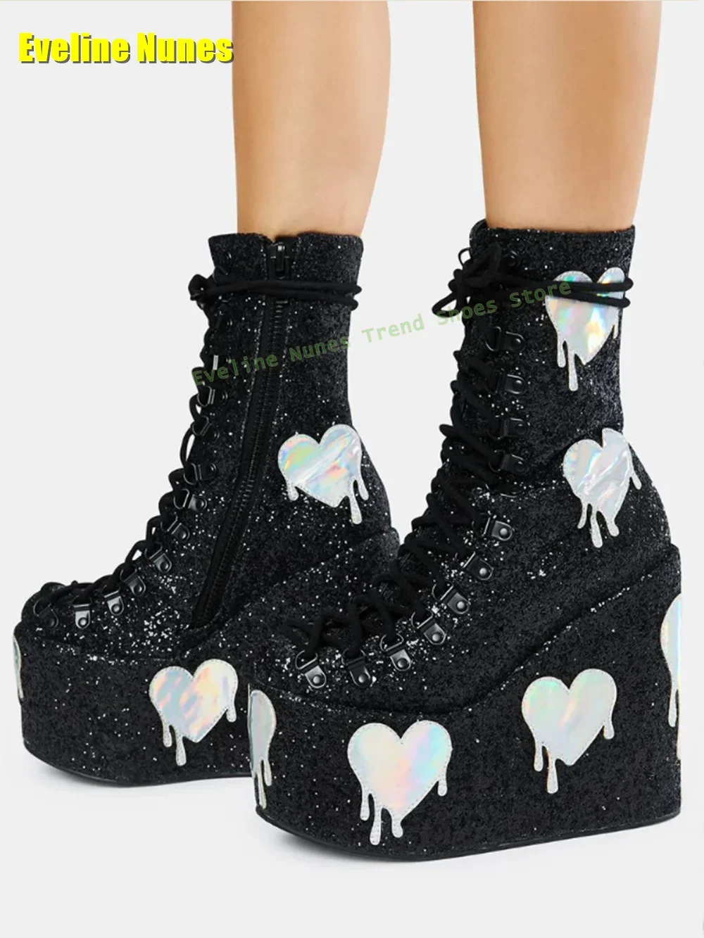 Black Glitter Traitor Club Boots with Holographic Hearts Round Toe Wedges Cross Tied Sequined Cloth Patchwork Fashion Boots 2025