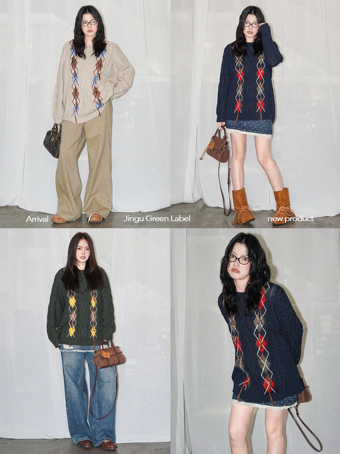 Suéter Feminino JINGU Granville Heavy Industry com Padrão Diamante em Cores Retro, Gola Redonda, Ajuste Solto, Manga Longa, O...