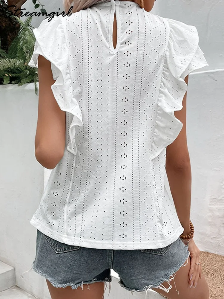 White Summer Blouses Woman 2023 Ruffled Tops Short Sleeve Solid Hollow Out Ruffled Blouses Casual Womens Tops And Blouses Thin