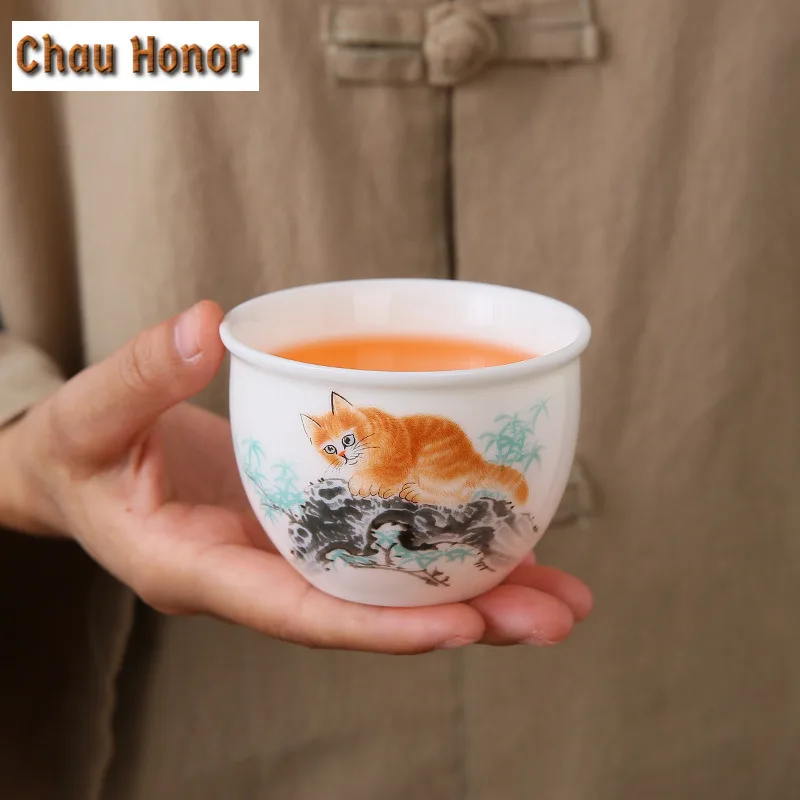 165ml Cute Cat Teacup Chinese Sheep Fat Jade Porcelain Cup Beautiful Tasting Cup Personal Master Tea Bowl Teaware Tea Ceremony