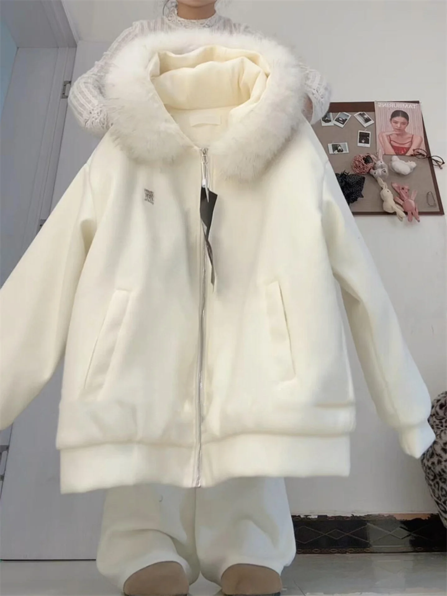 

Korean Sle Thiened Hooded Jaet Women's New 2025 Fce Lined Thiened Loose Couple Outerwear Winter Clothes