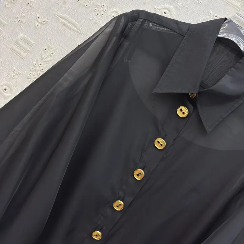 Robe chemise en dentelle noire à col simple boutonnage pour femmes, robe de soirée de haute qualité, nouvelle collection 2026, robe semi-transparente deux pièces