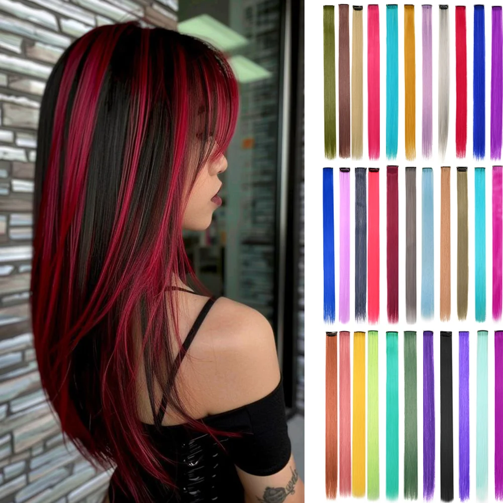 10PCS/Pack Colored Party Highlights Clip in Hair Extensions for Girls 22 Inches Omber colors Straight Hair Synthetic Hairpieces