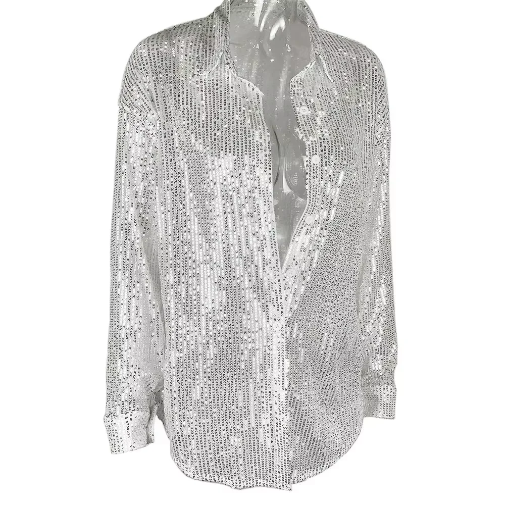 2025 Trendy Plus Size Sequin Sparkle Shirt - Vintage Collared Loose Fit Long Sleeve for Spring image 5