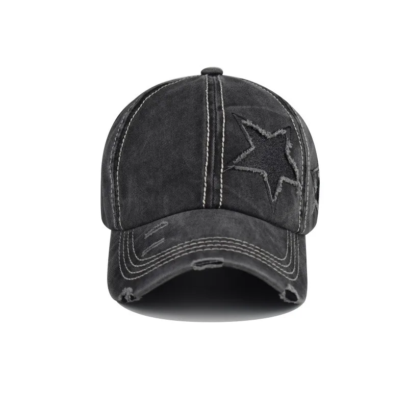 Retro Fashion Y2K Pentagram Washed Denim Hole Baseball Caps Four Seasons Fishing Hat Women Men Unisex