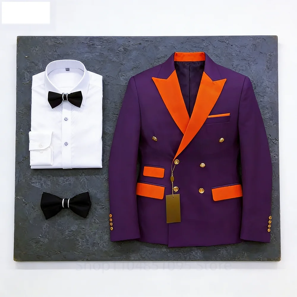 

Мужской однотонный деловой костюм-двойка: пиджак с острыми лацканами и двубортной застежкой, брюки, для свадьбы и торжественных мероприятий