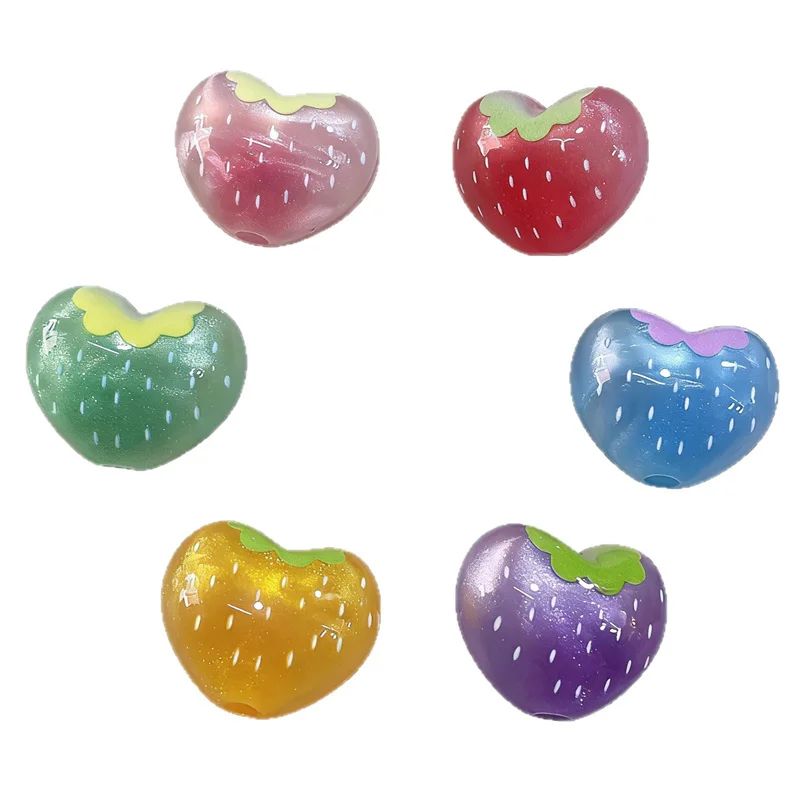 

New arrived 50pcs/lot color strawberry pattern print cartoon hearts shape acrylic beads diy jewelry garment hair accessory